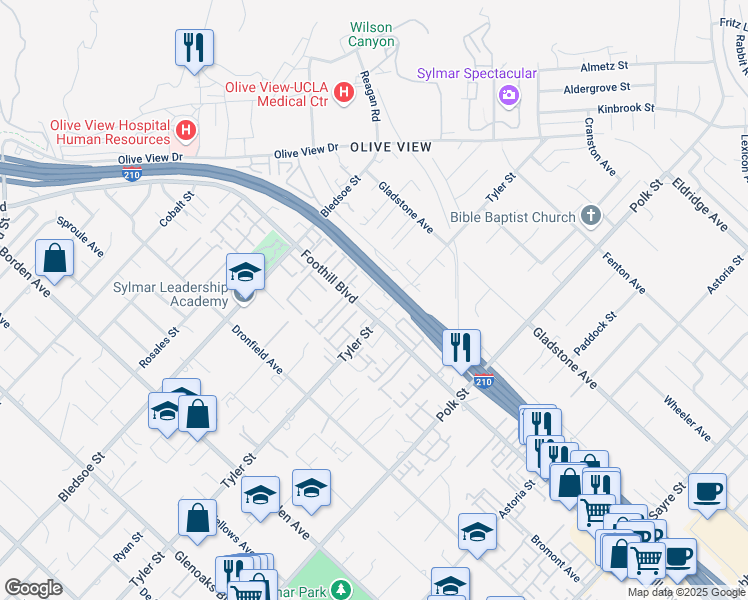 map of restaurants, bars, coffee shops, grocery stores, and more near 14287 Foothill Boulevard in Los Angeles