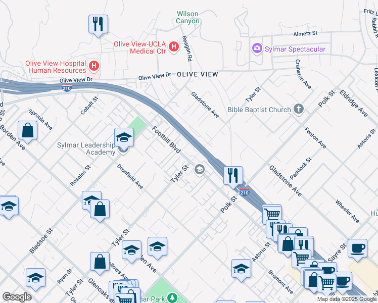 map of restaurants, bars, coffee shops, grocery stores, and more near 14287 Foothill Boulevard in Los Angeles