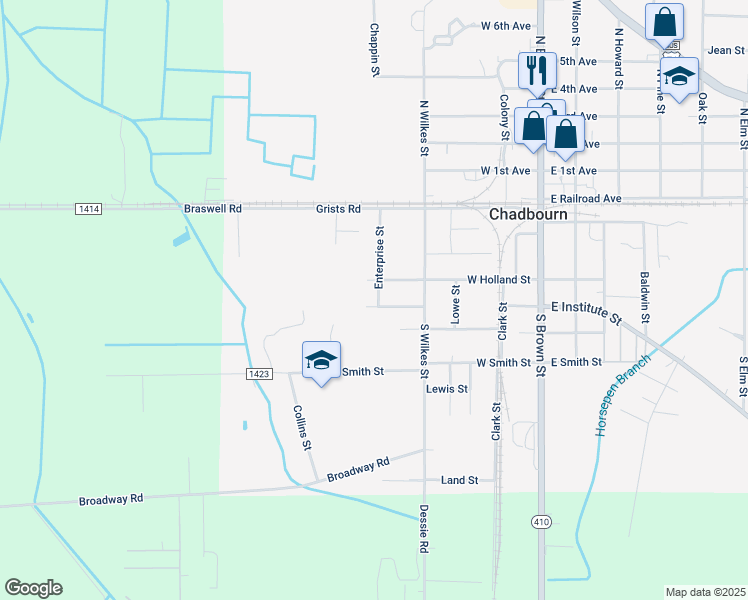 map of restaurants, bars, coffee shops, grocery stores, and more near 505 West Institute Street in Chadbourn