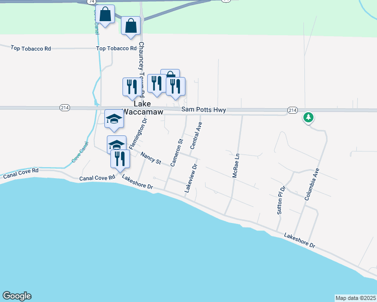 map of restaurants, bars, coffee shops, grocery stores, and more near 304 Ash Street in Lake Waccamaw