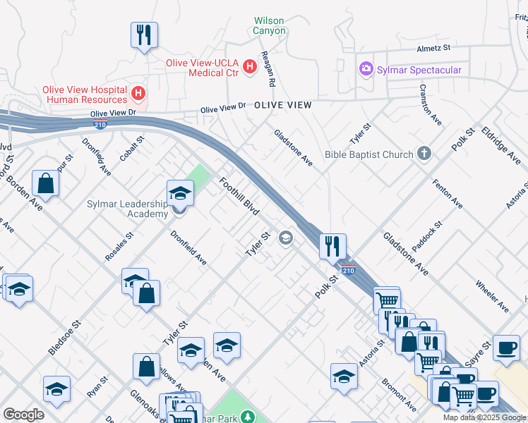 map of restaurants, bars, coffee shops, grocery stores, and more near 14287 Foothill Boulevard in Los Angeles