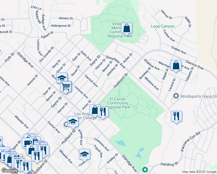 map of restaurants, bars, coffee shops, grocery stores, and more near 13067 Hubbard Street in Los Angeles