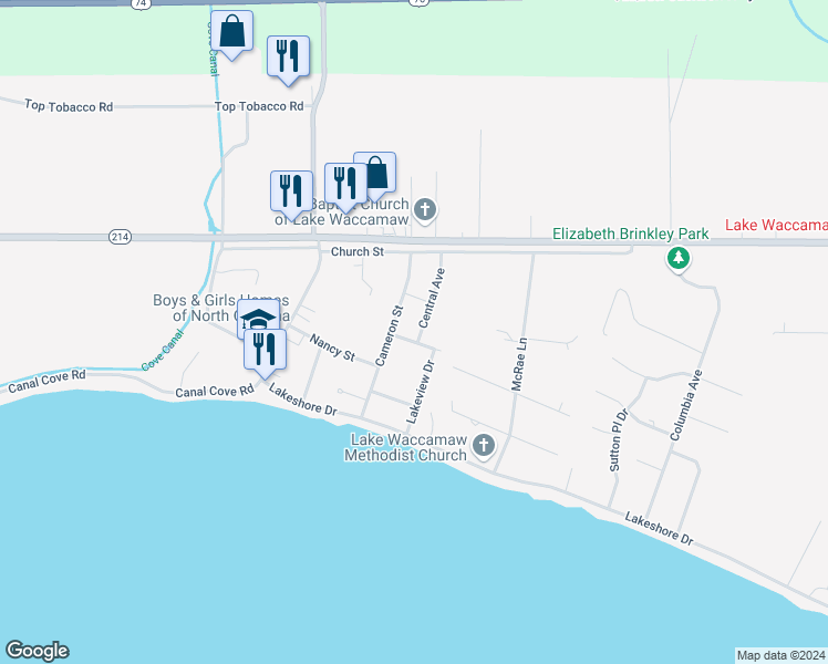 map of restaurants, bars, coffee shops, grocery stores, and more near 304 Ash Street in Lake Waccamaw