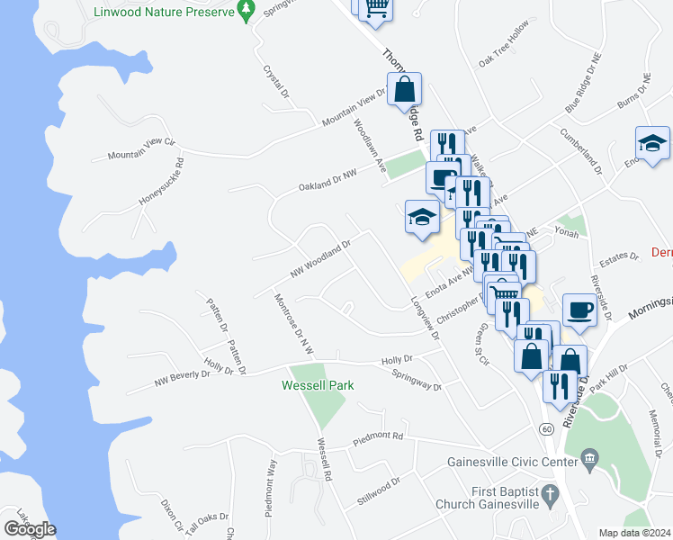 map of restaurants, bars, coffee shops, grocery stores, and more near 378 Laura Drive Northwest in Gainesville