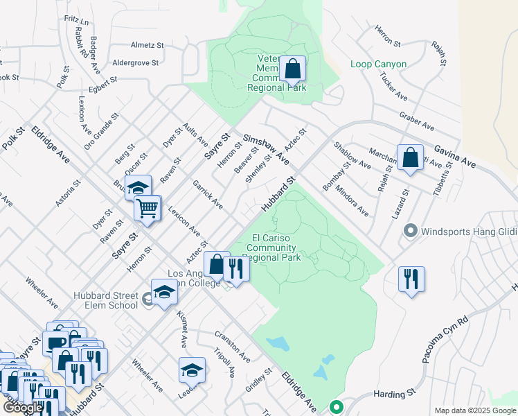 map of restaurants, bars, coffee shops, grocery stores, and more near 13051 Hubbard Street in Los Angeles
