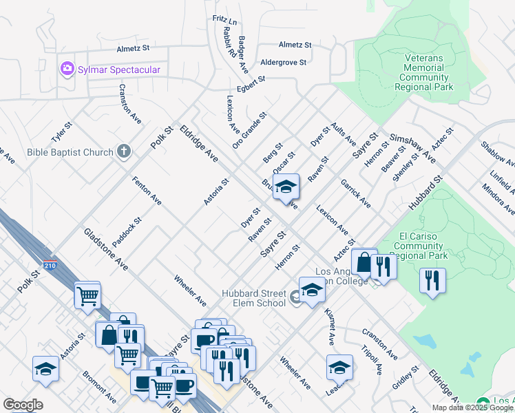 map of restaurants, bars, coffee shops, grocery stores, and more near 13631 Eldridge Avenue in Los Angeles