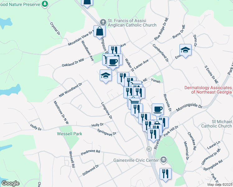 map of restaurants, bars, coffee shops, grocery stores, and more near 197 Enota Avenue Northwest in Gainesville