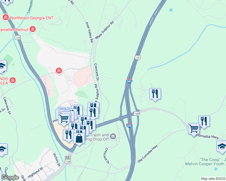 map of restaurants, bars, coffee shops, grocery stores, and more near 450 Crescent Drive in Gainesville