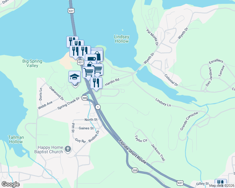 map of restaurants, bars, coffee shops, grocery stores, and more near 3034 Woodview Road in Guntersville