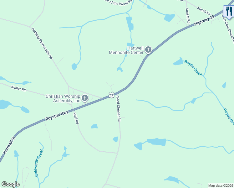 map of restaurants, bars, coffee shops, grocery stores, and more near 3636 Hartwell Street in Hartwell