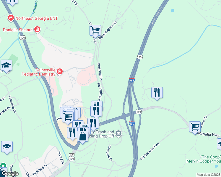 map of restaurants, bars, coffee shops, grocery stores, and more near 450 Crescent Drive in Gainesville