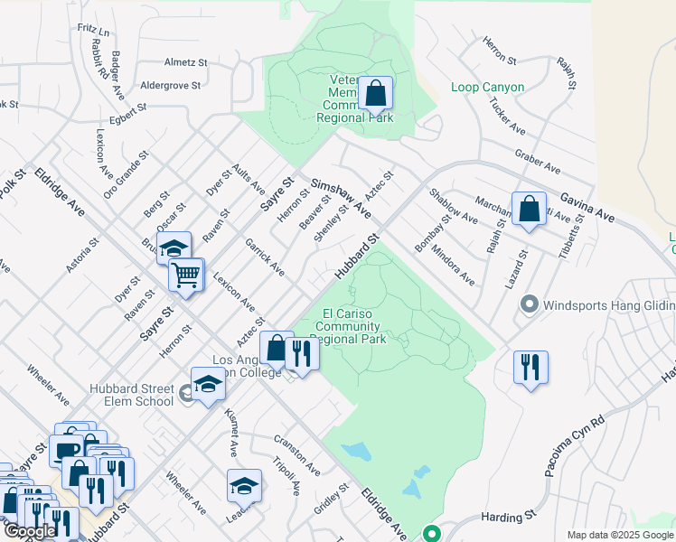 map of restaurants, bars, coffee shops, grocery stores, and more near 13074 Aztec Street in Los Angeles