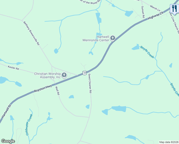 map of restaurants, bars, coffee shops, grocery stores, and more near 3636 Hartwell Street in Hartwell