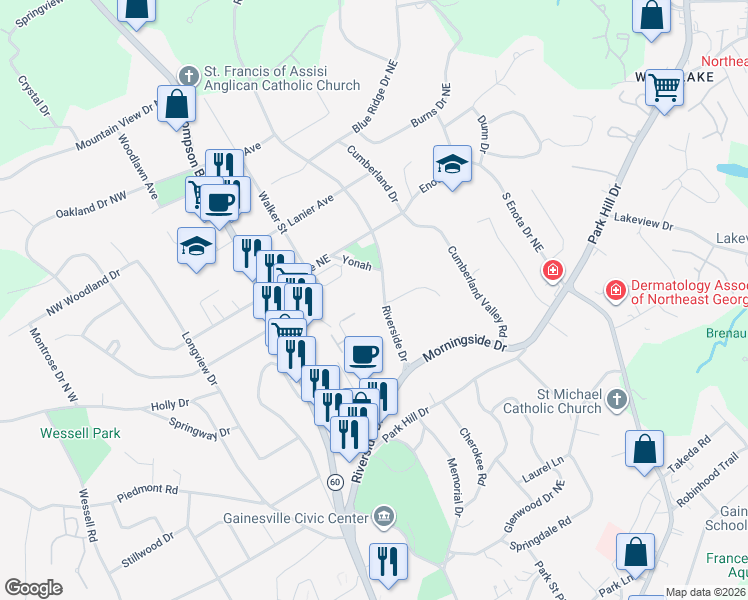 map of restaurants, bars, coffee shops, grocery stores, and more near 1189 Riverside Dr in Gainesville
