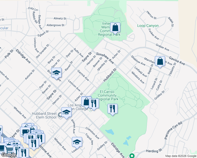 map of restaurants, bars, coffee shops, grocery stores, and more near 13059 Hubbard Street in Los Angeles