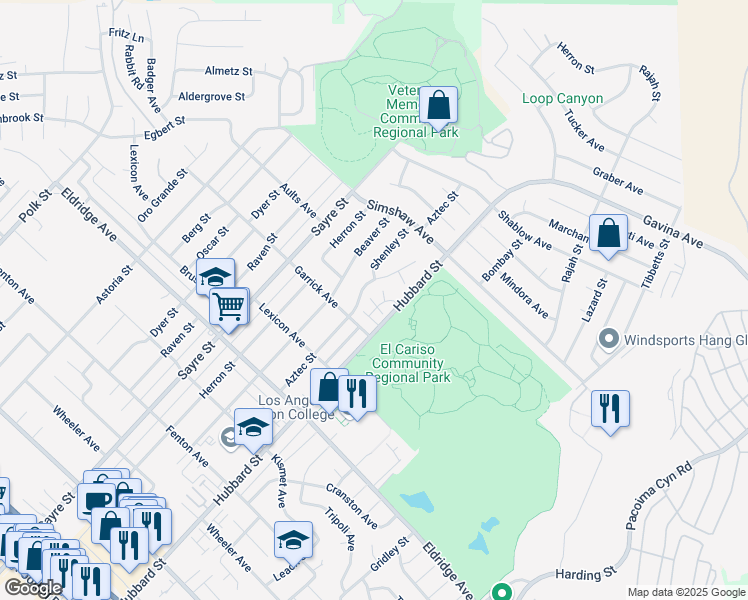 map of restaurants, bars, coffee shops, grocery stores, and more near 13059 Hubbard Street in Los Angeles