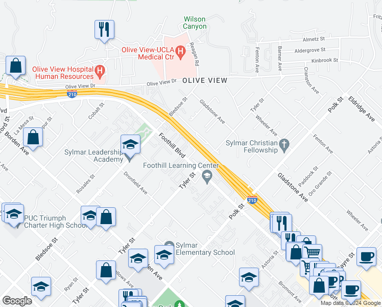 map of restaurants, bars, coffee shops, grocery stores, and more near 14291 Foothill Boulevard in Los Angeles
