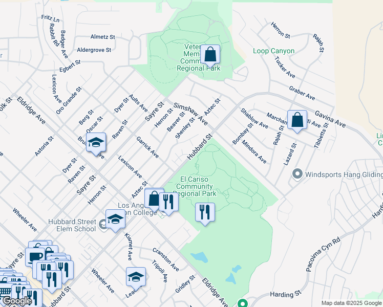 map of restaurants, bars, coffee shops, grocery stores, and more near 13074 Aztec Street in Los Angeles