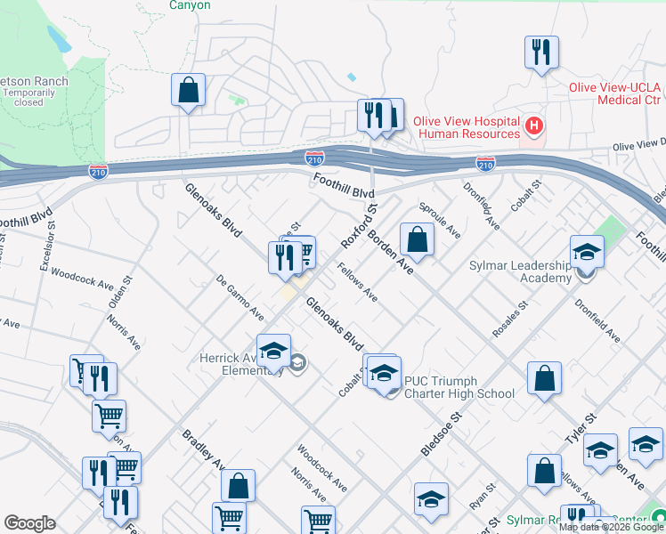 map of restaurants, bars, coffee shops, grocery stores, and more near 15097 Roxford Street in Los Angeles