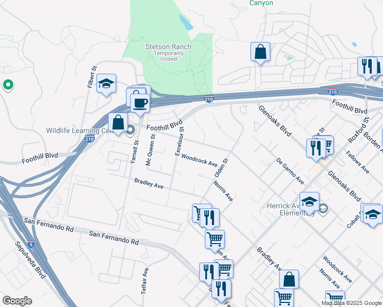 map of restaurants, bars, coffee shops, grocery stores, and more near 13720 Woodcock Avenue in Los Angeles