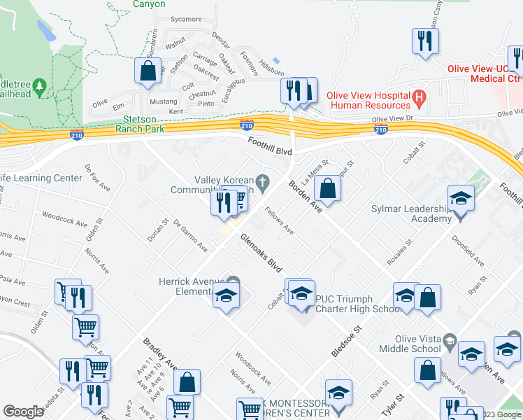 map of restaurants, bars, coffee shops, grocery stores, and more near 15106 Roxford Street in Los Angeles
