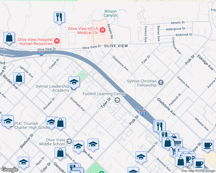 map of restaurants, bars, coffee shops, grocery stores, and more near 14291 Foothill Boulevard in Los Angeles