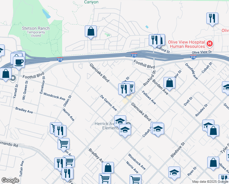 map of restaurants, bars, coffee shops, grocery stores, and more near 13641 Glenoaks Boulevard in Los Angeles