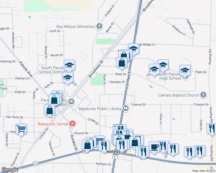 map of restaurants, bars, coffee shops, grocery stores, and more near 200 Georgia St in Batesville