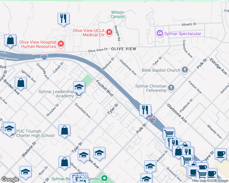 map of restaurants, bars, coffee shops, grocery stores, and more near 14293 Foothill Boulevard in Los Angeles