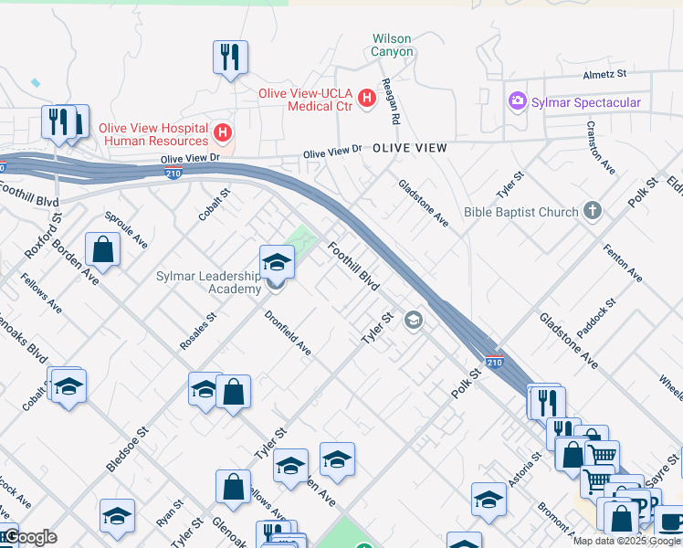 map of restaurants, bars, coffee shops, grocery stores, and more near 14344 Foothill Boulevard in Los Angeles