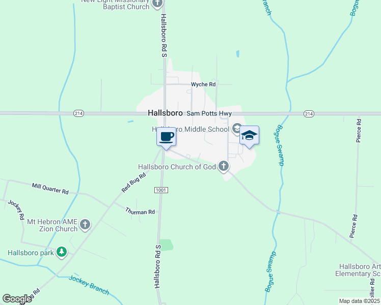 map of restaurants, bars, coffee shops, grocery stores, and more near 117 Giles Byrd Road in Hallsboro