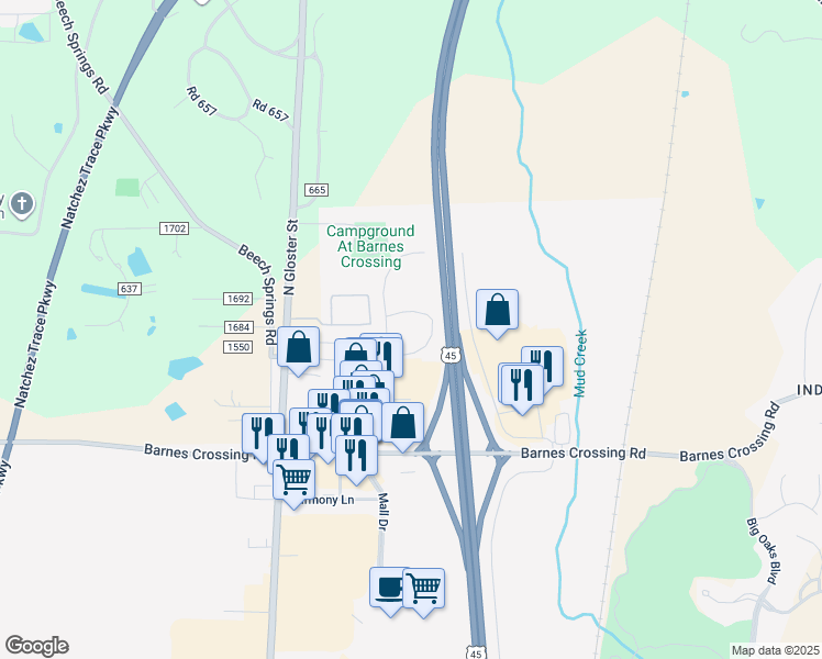 map of restaurants, bars, coffee shops, grocery stores, and more near 4100 North Gloster Street in Tupelo