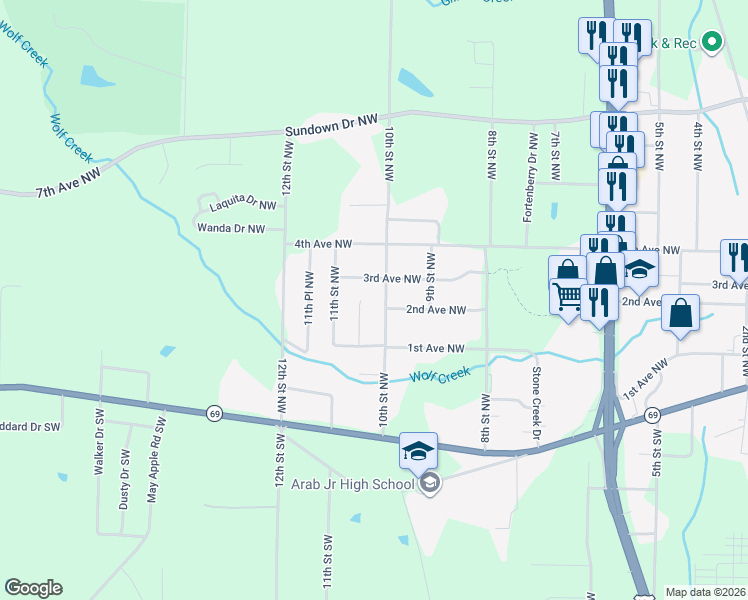 map of restaurants, bars, coffee shops, grocery stores, and more near 1039 3rd Avenue Northwest in Arab