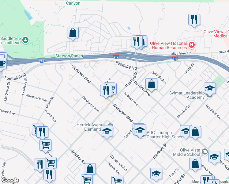 map of restaurants, bars, coffee shops, grocery stores, and more near 15115 Roxford Street in Los Angeles