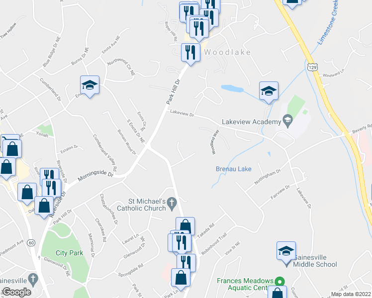 map of restaurants, bars, coffee shops, grocery stores, and more near 1024 Pearce Way in Gainesville