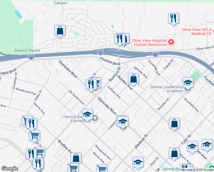 map of restaurants, bars, coffee shops, grocery stores, and more near 15097 Roxford Street in Los Angeles