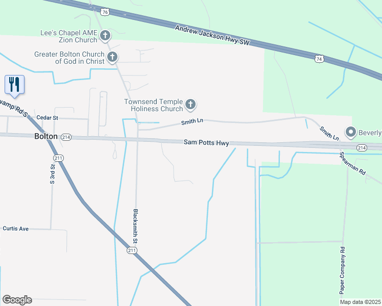 map of restaurants, bars, coffee shops, grocery stores, and more near 16346 Sam Potts Highway in Bolton