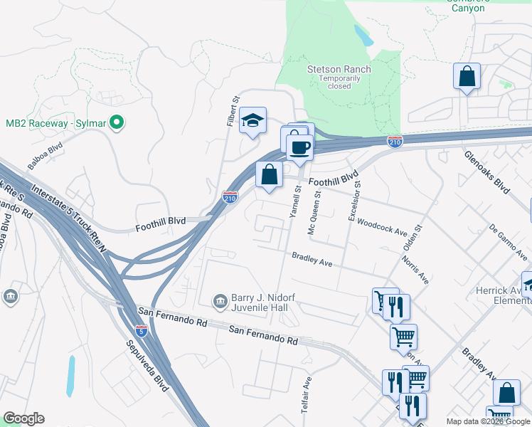map of restaurants, bars, coffee shops, grocery stores, and more near 16079 Yarnell Street in Los Angeles