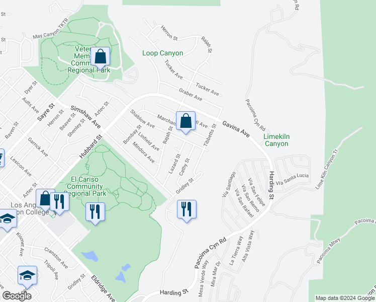 map of restaurants, bars, coffee shops, grocery stores, and more near 12587 Cathy Street in Los Angeles