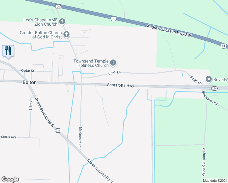 map of restaurants, bars, coffee shops, grocery stores, and more near 16346 Sam Potts Highway in Bolton