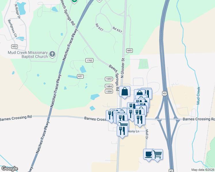 map of restaurants, bars, coffee shops, grocery stores, and more near County Road 1684 in Tupelo
