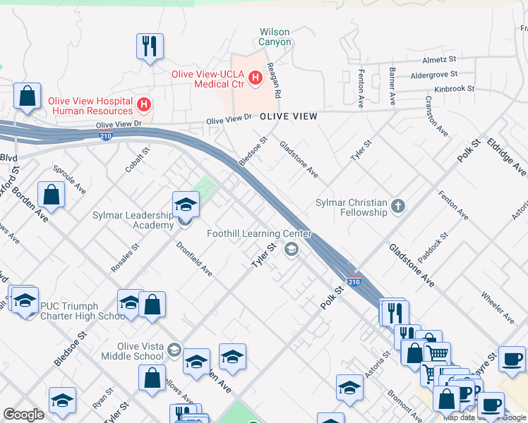 map of restaurants, bars, coffee shops, grocery stores, and more near 14307 Foothill Boulevard in Los Angeles