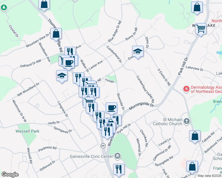 map of restaurants, bars, coffee shops, grocery stores, and more near 1235 Riverside Drive in Gainesville