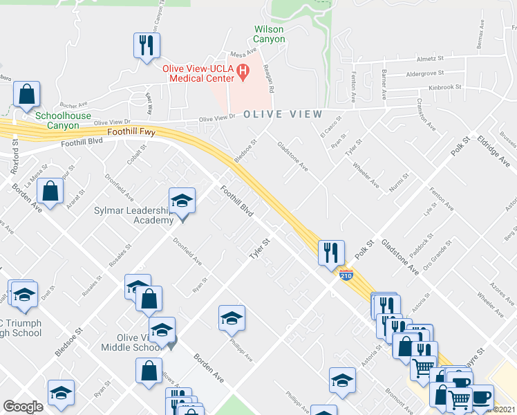 map of restaurants, bars, coffee shops, grocery stores, and more near 14307 Foothill Boulevard in Los Angeles