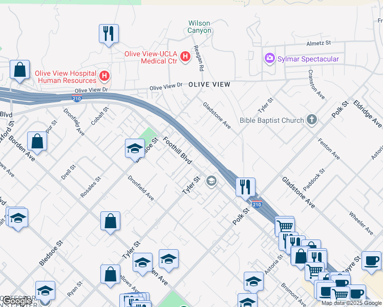 map of restaurants, bars, coffee shops, grocery stores, and more near 14307 Foothill Boulevard in Los Angeles