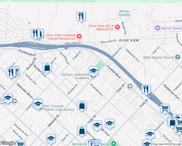 map of restaurants, bars, coffee shops, grocery stores, and more near 14543 Bledsoe Street in Los Angeles