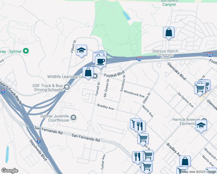 map of restaurants, bars, coffee shops, grocery stores, and more near 13840 Woodcock Avenue in Los Angeles