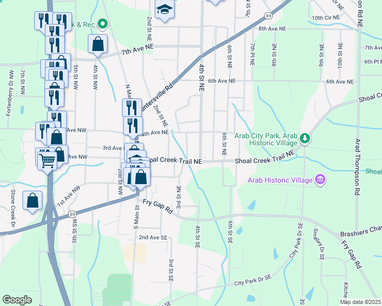 map of restaurants, bars, coffee shops, grocery stores, and more near 204 3rd Street Northeast in Arab