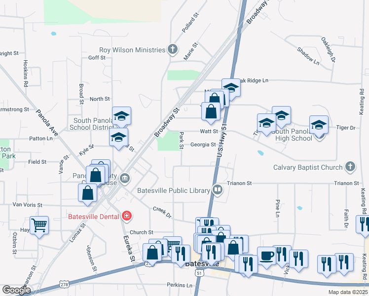 map of restaurants, bars, coffee shops, grocery stores, and more near 200 Georgia Street in Batesville