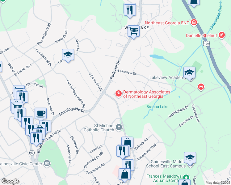 map of restaurants, bars, coffee shops, grocery stores, and more near 1037 Pearce Way in Gainesville